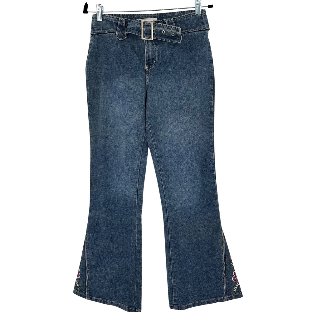 Xhilaration Girls‎ 16 Blue Floral Embroidered Flare Leg Belted Stretch Jeans Y2K